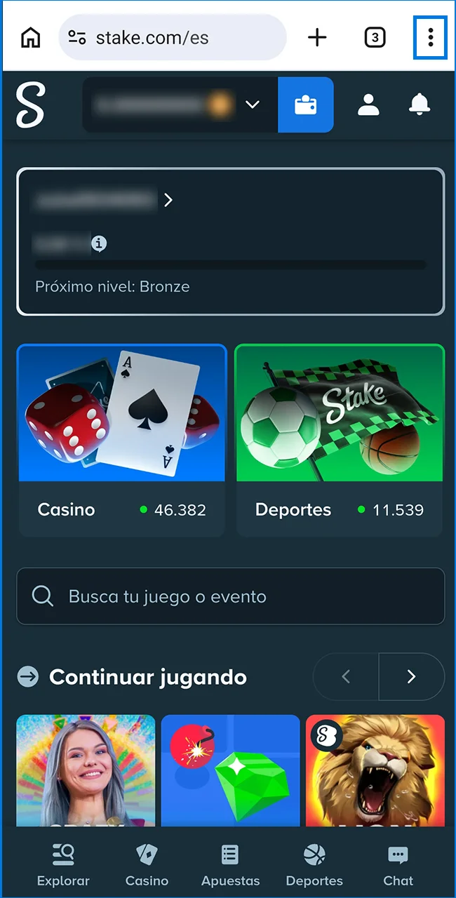 Abra el menú del navegador para Stake ahora.