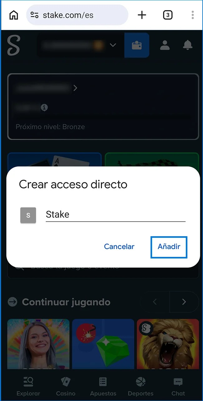 Confirme y agregue la PWA de Stake ahora.