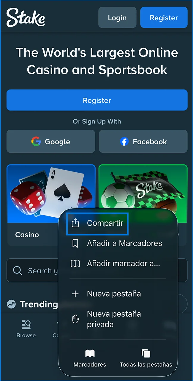 Toque compartir en Safari para instalar Stake hoy.