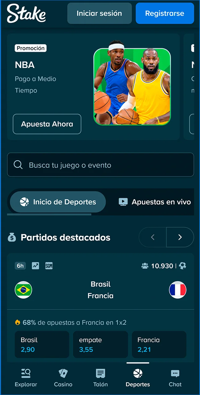 Vea la interfaz de apuestas en Stake Argentina hoy.