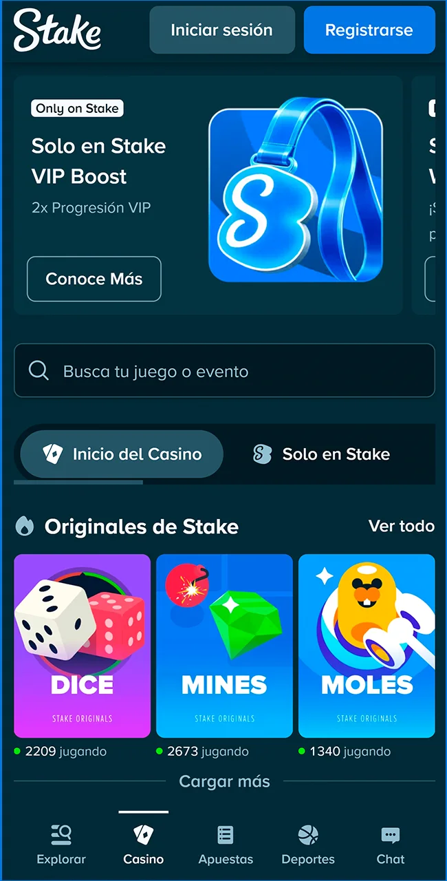 Explore la interfaz de casino de Stake Argentina hoy.