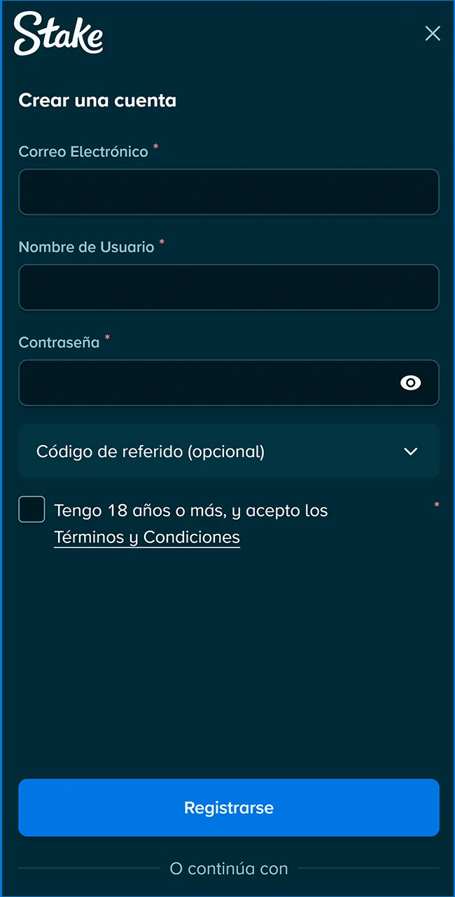 Vea la interfaz de registro en Stake Argentina hoy.